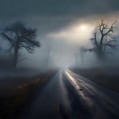 A foggy, desolate road vanishes in the distance. Ghostly, fading figures in the mist create an eerie, unsettling atmosphere.