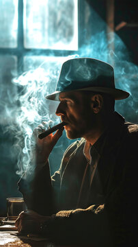 1950s Sleuth Smoking a Cigar in a Smoky Room, Close-Up Portrait Capturing the Grit and Determination of a Bygone Era's Crime Resolver