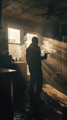 Fototapeta premium Man Holding a Gun and Cigarette in His NYC Apartment Kitchen, the Air Filled with Smoke, Capturing the Gritty Aura of City
