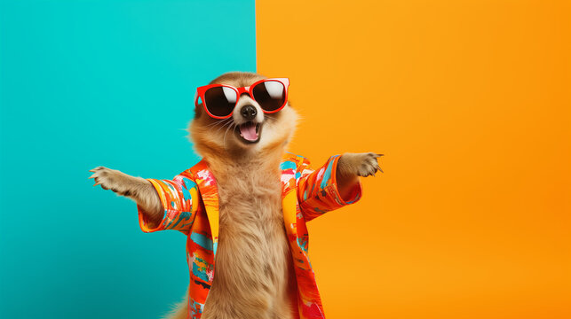 Happy pet with sunglasses and colorful fashion outfit dancing on dual colour background with copy space. Fun night party animal creative concept. Generative AI.