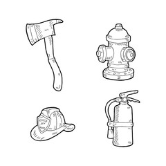 Firefighter Theme Hand Drawn Illustration. Fire Axe, Hydrant, Firefighter Hat, Fire Extinguisher.