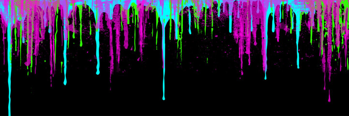 Abstract colorful grunge vector background with bright colors paint drips on black backdrop for cover design, invitation, poster, banner, flyer, cards. Futuristic texture illustration.