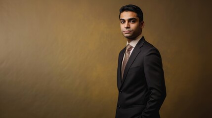 Fototapeta premium Astute South Asian Financial Advisor on Ochre Background