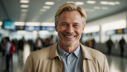Cheerful Caucasian male with blond hair smiling warmly in a light brown jacket at an airport.