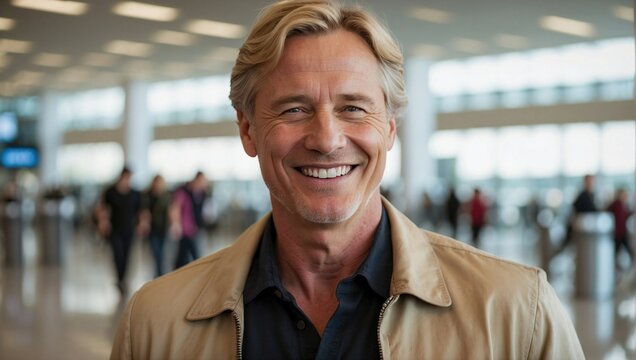 Happy mature Caucasian man with a bright smile wearing a tan jacket in an airport terminal.