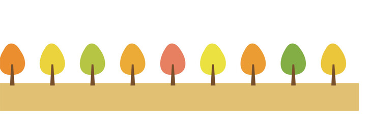 紅葉するカラフルな木が並ぶ風景イラスト　秋