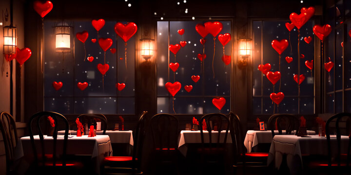 Empty restaurant decorated with red hearts with many tables without people. Dark theme, evening time. Romantic atmosphere of Valentine's Day. Advertising banner with copy space.