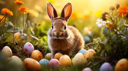 Fototapeta na wymiar Easter Delight: Charming Rabbit Among Colorful Eggs in a Lush Spring Meadow Bathed in Golden Light