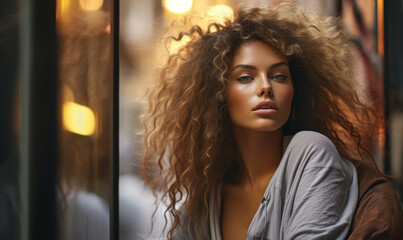 Captivating Curly-Haired Beauty with Bold Purple Eye Makeup on a Misty Urban Morning