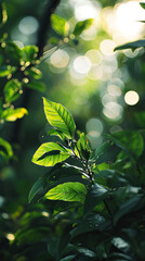 Lush Nature of Green Leaves with a Bokeh Background, Bathed in Sunlight During Springtime, Creating a Harmony of Color and Light