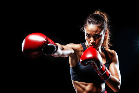 Portrait of a female boxer wearing red gloves with her arm extended in a jab. Dramatic lighting isolated on black