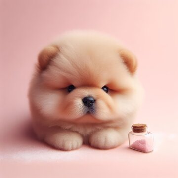 Сute fluffy red chow chow puppy toy on a pastel pink background. Minimal adorable animals concept. Wide screen wallpaper. Web banner with copy space for design.