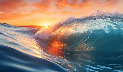 A sunset with a wave crashing on the shore