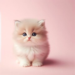 Сute fluffy baby kitten toy on a pastel pink background. Minimal adorable animals concept. Wide screen wallpaper. Web banner with copy space for design.
