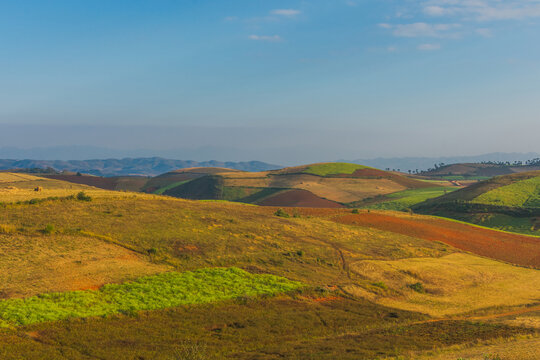 landscape in the mountains, colorful hills of Kalaw