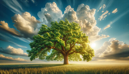 A large walnut tree with leaves. A blue sky with clouds on a sunny spring day.