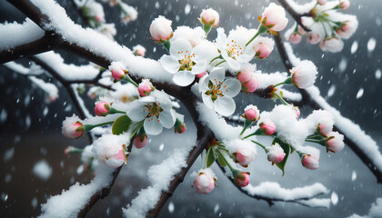 A branch with pear flowers under the snow in spring. Copy space. Cold spring. - obrazy, fototapety, plakaty