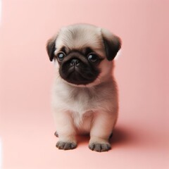 Сute fluffy pug puppy toy on a pastel pink background. Minimal adorable animals concept. Wide screen wallpaper. Web banner with copy space for design.