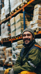 Fototapeta premium Happy Professional Worker Looking at the Camera and Smiling Against the Background of a Warehouse with Shelves Full of Delivery Goods. Embracing the World of Logistics, Delivery, and Distribution