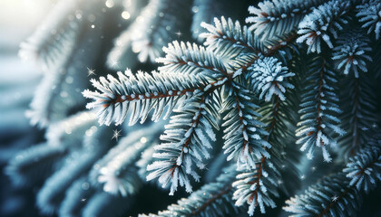 Coniferous tree branch covered with frost on winter frosty day. Winter background. Christmas.	
 - Powered by Adobe