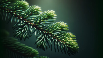 Fototapeta na wymiar Delicate fir branch close up. Green background. Wallpaper.