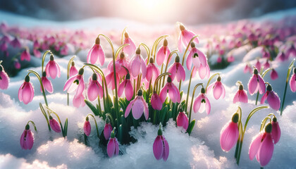 Pink snowdrops among snow on a spring day. Hello, Spring! Spring background. - obrazy, fototapety, plakaty