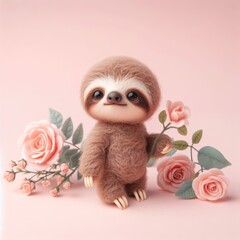 Fototapeta premium Сute fluffy brown baby sloth toy with roses on a pastel pink background. Minimal adorable animals concept. Wide screen wallpaper. Web banner with copy space for design.