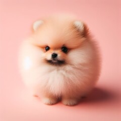 Сute fluffy red pomeranian spitz puppy toy on a pastel pink background. Minimal adorable animals concept. Wide screen wallpaper. Web banner with copy space for design.