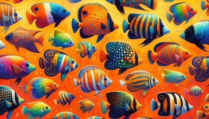 A lot of multicolored fishes on an orange background. Hobby. Creation. Fine art. Creativity and...
