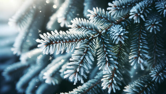 Coniferous tree branch covered with frost on winter frosty day. Winter background. Christmas.	
