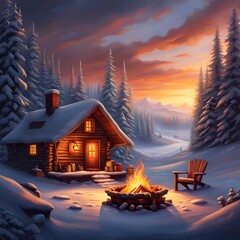Amidst the snowy expanse, a serene scene emerges. A campfire's comforting glow envelopes a contented worm, while beside it, a steaming cup of tea radiates warmth, offering a stark yet inviting contras - obrazy, fototapety, plakaty