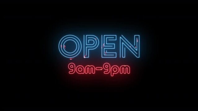 Vibrant 'Open 9am - 9pm' Motion Graphic: Seamless loop of animated neon sign. Illuminating the storefront with stylish lights. Perfect for business front windows. High-resolution 4k quality.