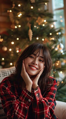 Happy Young Asian Woman Sitting on a Sofa by the Christmas Tree at Home, Embracing the Warmth and Joy of the Holiday Season