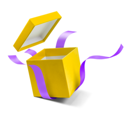 Yellow open gift box with purple ribbon isolated on white