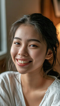 Confident and Smiling Young Adult Asian Woman Gazing at the Camera While Sitting at Home, Showcasing a Happy and Beautiful Smile that Illuminates Her Pretty Face in a Solo Pose Indoors