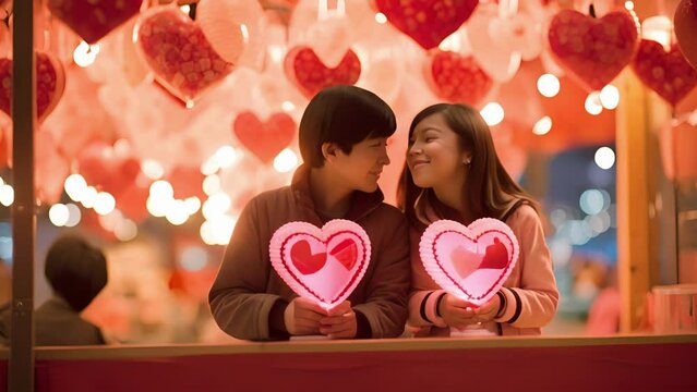 The scent of sweet candy apples and cotton candy draws guests to a booth decorated with oversized heart garlands and ling lights, making it a popular spot for Valentines Day photos.