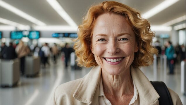 Radiant middle-aged woman with curly red hair at an airport terminal, smiling warmly, wearing a light beige jacket.