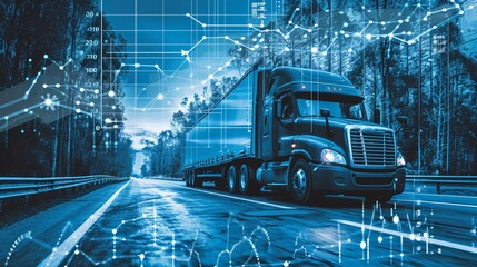 side view of truck in blue with info-graphic data - transport, truck, logistics, data, transportation, network, technology - obrazy, fototapety, plakaty