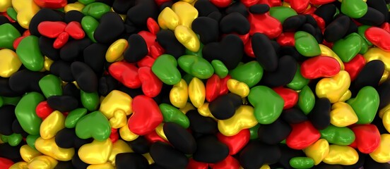 background filled with red, green, yellow and black 3D hearts stacked on top of each other