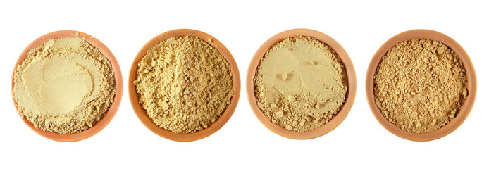 Set ginger powder, ground in clay pot isolated on white, top view