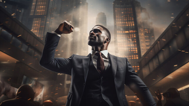 Black man wearing a black suit raised fist in office