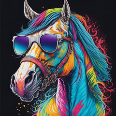 Beautiful Colorful Graffiti Artwork of a Funny Horse Wearing a Shirt and Sunglasses. Ultra detailed, Printable design for t-shirts, Illustrations, vector design.
