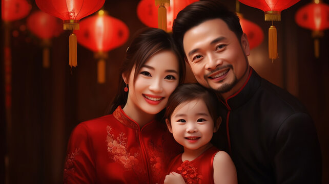Happy Asian family on red Chinese New Year lantern background