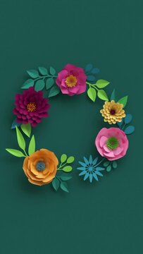 3d abstract floral wreath appearing over dark green wall, botanical background vertical video, blooming live image, motion design, pink peachy orange paper flowers growing, round frame with copy space