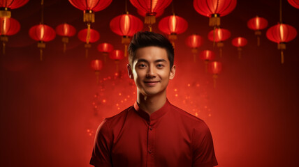 Obraz premium Young Asian man wearing red on red Chinese New Year lantern background