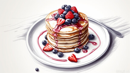 yummy pancakes with toppings, sketch - obrazy, fototapety, plakaty