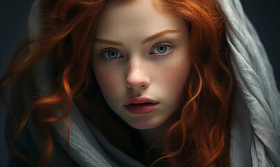 Fototapeta premium Redheaded Young Woman with Ethereal Gaze Wrapped in Sheer Fabric on a Moody Gray Background
