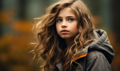 Autumn Dreaming: Young Girl with Flowing Hair and Warm Jacket Contemplates in Misty Forest Setting