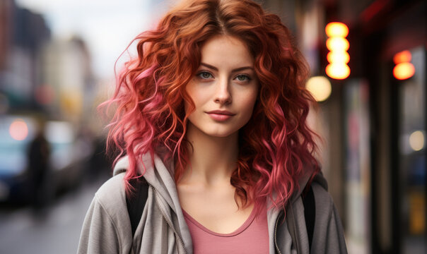 Young Woman with Vibrant Pink Curly Hair in a Hoodie Standing in a Busy City Street