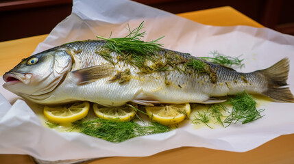 Roasted fish with lemon on plate.Delicious baked fish.Copy space